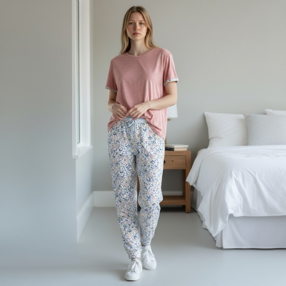 Roudelain Pajama Set Pink Waffle Knit Floral Joggers NWT Medium Loungewear